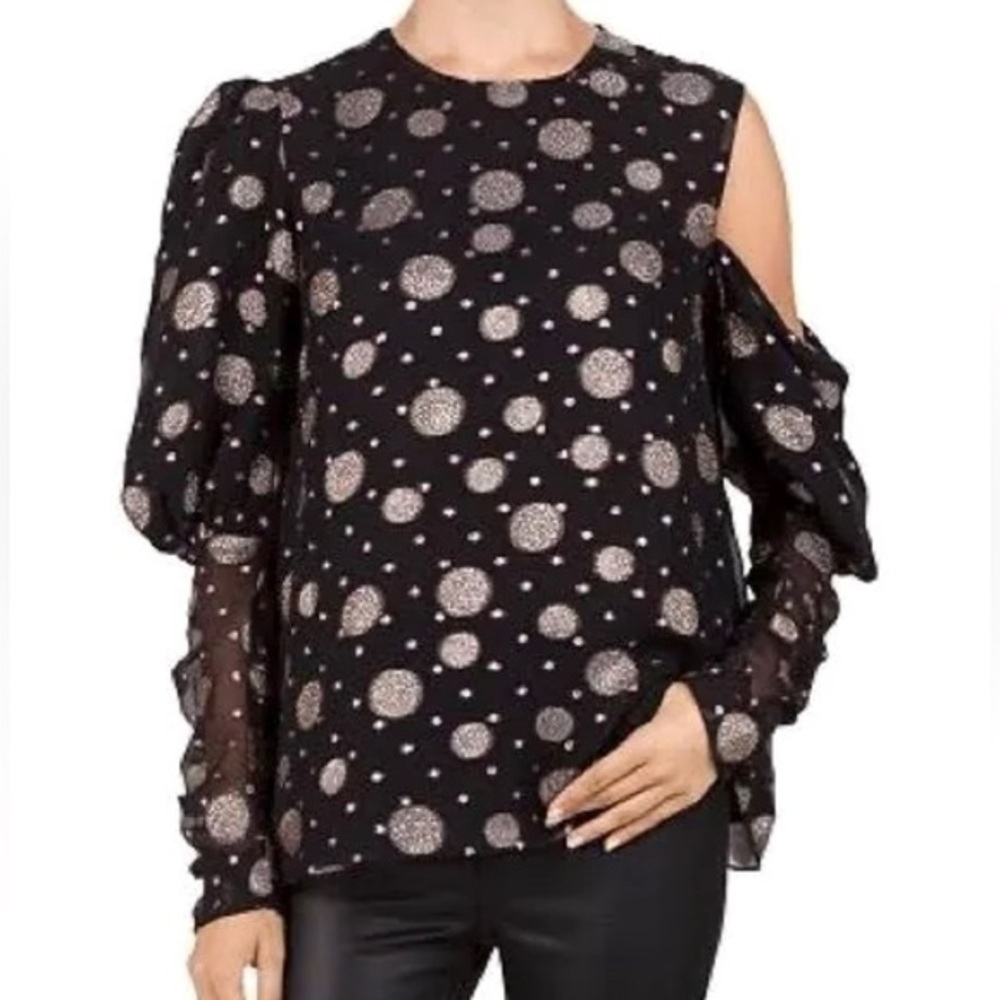 $375 NWT The Kooples Paris Tutti Frutti Peep Polka Dot Luxury Silk Top 0012